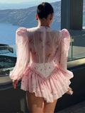 Elegant Printed Women's Dress Long Puffed Sleeve O-Neck Waist-Closed Lady Mini Dresses 2026 Summer Autumn Female Robe New