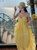 Yeknu  Yellow Backless Suspender Dress Female Summer Bohemian Seaside Holiday Beach Long Dress