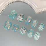 Yeknu  10PCS pure manual pressing short nail art, beautiful fake nails, fresh ocean light blue nail art, suitable for women to use