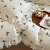 Yeknu INS Princess Ruffle Edge Gauze 100% Cotton Pillow Case Breathable Duvet Cover Without Filler 3PCS Floral Home Bedding Set