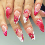 Yeknu  Short Glossy Oval Press-On Nails with French Glitter Tips Spring Flower Designs False Nail Tips for Women&Girls Manicure Look
