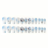 Yeknu  Gradient Blue Fake Nails with Flower Crystal Design Glitter Fake Nails for Lady Girls Christmas Gifts Artificial Nails Handmade