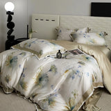 Yeknu Floral Plant Print Color Blocking Bedding Set Lyocell Bamboo Fiber Soft Silky Duvet Cover Flat/Fitted Bed Sheet Pillowcases 4Pcs