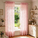 Yeknu  1PC Pastoral Pink Lace Floral Embroidery Sheer Curtain for Living Room, Balcony, Kitchen, Study, Cafe Window Mesh Drape Blinds