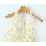 Yeknu  Jastie Yellow Floral Print Halter Mini Dresses Women Elegant A-line Summer Backless Dress Holiday Robe Short Vestidos