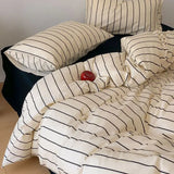 Yeknu  Ins Dopamine Korean Striped Washed Cotton Four-piece Bedding Set Cream Style Bed Sheet Quilt Cover Three-piece Set