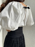 Yeknu  Summer Pullover T-Shirts Tops Women Korean Style Loose Lantern Short Sleeve Ladies Blouses Bow Fashion Ruffle Pleated Woman Tops