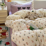 Yeknu Cartoon Bedding Set Ins Korean Towel Embroidery Bed Linen Flat Sheets Set 2 Pillowcases Twin Double Queen Size Duvet Cover Set