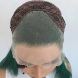 Yeknu  Long Curly Wavy Natural Wave Synthetic Hair Free Part Dark Green Body Wave Glueless Pre Plucked 13X4 Lace Frontal Wigs for Women