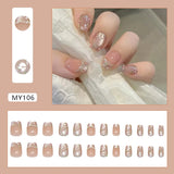 Yeknu  24pcs Short Square Press on Nails Floral Cat-Eye Full Coverage Nail Tips for Women&Girl Pearl French Removable Wearable Nail Art