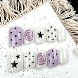 Yeknu  10pcs Handmade Press On Nails Purple White with Star&Polka Dot Fake Nail Short Square Full Cover False Nails for Women&Girl
