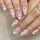 Yeknu  Short Glossy Oval Press-On Nails with French Glitter Tips Spring Flower Designs False Nail Tips for Women&Girls Manicure Look
