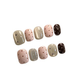 Yeknu  10pcs Pink Polka Dots Handmade Nails Stars and Cat-Eye Press on Nail Short Square Round Fake Nail for Women&Girl False Nail
