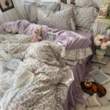 Yeknu 3/4Pcs Korean Princess Style Floral Ruffles Bedding Set Skin-friendly Soft Duvet Cover Set Bed Sheet Or Bed Skirt Pillowcases