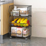 Yeknu  3 Tier Fruit Basket for Kitchen Storage Cart Stackable Metal Wire Storage Basket Snacks Organizer Baskets with Rolling Wheels