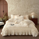 Yeknu  Vintage Rose Carved Velvet Lace Ruffles Bedding Set Double-sided Velvet Winter Duvet Cover Flat/Fitted Bed Sheet Pillowcase 4Pcs