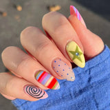 Yeknu  24Pcs Almond Press on Nails Rainbow Stripe Swirl Polka Dot Fake Nail Y2K Star Rhinestone False Nail for Women&Girl Colorful Nail