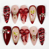 Yeknu  30pcs Nude Red 3D Flower Press On Nails Long Stiletto Fake Nails with Silver Metal Line & Pearl False Nail for Women&Girl
