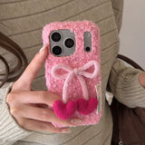 Yeknu  Luxury Furry 3D Bowknot Love Heart Case for iPhone 13 14 15 16 17 Pro Max 17Pro Candy Color Collision Winter Plush Ins Cover