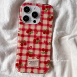 Yeknu Cute Korean Girl Heart Cherry Phone Case for iPhone 15 16 promax 11 12 13 Pro Mini X XS 7 8 Plus Silicone Grid Pattern Cover Y2k