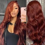 Yeknu  Reddish Brown Auburn Body Wave Synthetic Lace Front Wigs for Women Free Part Pre Plucked Long Curly Wavy Auburn Colored 13X4 Wig