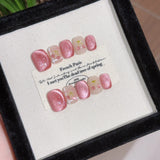 Yeknu 10Pcs Pink Shiny Fake Nails Handmade Glass Beads Cat Eye Nail Sticker Full Cover Cute Cherry Fruits Pattern Removable Nails Tips