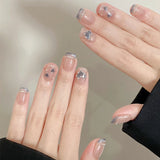 Yeknu  10pcs Summer Sweetheart Press on Nails Gentle Cat Eye Fake Nails 3D Bow Heart Rhinestone False Nails French Square Nail Art Tip