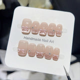 Yeknu  10pcs Summer Sweetheart Press on Nails Gentle Cat Eye Fake Nails 3D Bow Heart Rhinestone False Nails French Square Nail Art Tip