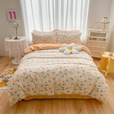 Yeknu  Cute Pink Strawberry Duvet Cover Flat Sheet Pillowcase Floral Bedding Set Girls Bed Linen Soft Thick Washed Cotton Bedclothes
