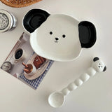 Yeknu  Korean Cute Dog-Shaped Salad Bowl, Spoon Set, Dormitory Noodle Bowl, Ceramic Soup Bowl with Handle, Kawaii Ceramic Plate Dish