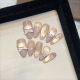 Yeknu  10Pcs Crystal Cat Eye Press on Nails Polka Dots Nail Creme Ballet Delicate Bowknot False Nails Sweet French Almond Fake Nails