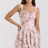 Yeknu  Jastie French Style Floral Print Sleeveless Mini Dresses Women Square Neck Low Waist A-line Slim Summer Dress Holiday Robe