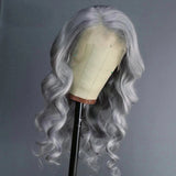 Yeknu  Silver Grey Lace Front Wig Synthetic Lace Wig Glueless Body Wave Long Wavy Silver Wig Body Wave Long Grey Hair Wigs for Women