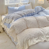 Yeknu  4pcs  Korean lace Duvet Cover Set (1*Duvet Cover + 2*Pillowcase, bed sheet), Pink checkered print Bedding Set