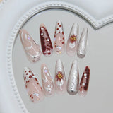 Yeknu  30pcs Nude Red 3D Flower Press On Nails Long Stiletto Fake Nails with Silver Metal Line & Pearl False Nail for Women&Girl