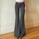 Yeknu  Grey Low Waisted Flared Pants Female Y2K High Street Retro Wide Leg Trousers Fashion Slim Pocket Office Lady Suit Pants