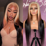 Yeknu  Blonde with Brown Ombre Wig Synthetic Lace Front Wig Long Straight Body Wave 13x4 Frontal Gradient Colored Wigs for Women