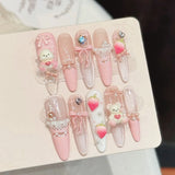 Yeknu  10pcs Handmade Press on Nails 3D Strawberry Bear Fake Nails Wearable Detachable Dream Pink Cartoon Korean Sweet False Nails