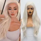 Yeknu  Long Platinum Blonde Natural Wavy Synthetic Hair Free Part Layered White Blonde Curly Heat Resistant Fiber Wigs for Women Daily
