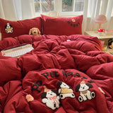 Yeknu Solid Colour embroidery Bedding Set For adults kids Ankela Red Red Flat Sheet With Pillowcases Colorful King Queen Full size