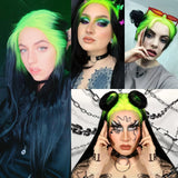 Yeknu  Black with Neon Green Roots Long Silky Straight Lace Front Synthetic Wig Middle Part Ombre Colored Wigs for Women Party Cosplay