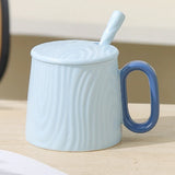 Yeknu  Chinese Style Ceramic vertical stripe Tea Mugs, Home Personal Office Creative With Cover Spoon Milk Water Coffee Cup, 320ml, 1Pc
