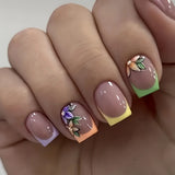 Yeknu  24Pcs Short Almond Press-On Nails Pink Floral French Tip Glossy&Elegant Full Cover Fake Nails for Women&Girls Spring,Daily Wear