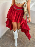 Yeknu  Holiday Solid Color Pleated Splicing Irregular Skirt Summer Casual Bohemian Beach Skirt Women's Jupe