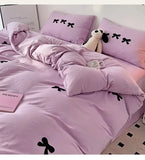 Yeknu Girls Pink Bedding Set with Bow Korean Breathable Duvet Cover No Filler Flat Sheet Pillowcases Mix Color Comforter Cover Set