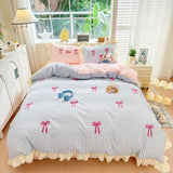 Yeknu Classic Plaid Duvet Cover, Soft Lace Bedding Set, Skin-Friendly Bow-Design Duvet Cover