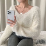 Yeknu  Autumn Winter Pullover Furry Sweater Tops Women V-Neck Korean Modis Ladies Cropped Sweaters Long Sleeve Loose Woman Sweater