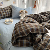 Yeknu  Bedding Set Ins Ambiance Blue Coffee Grid Mixed With Washed Cotton Minimalist Four Piece Set Fitted Sheets Duvet Cover