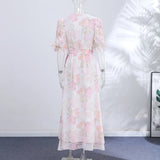 Yeknu  Holidays Print Women Long Dress Sexy V-neck Single Breasted Half Sleeve Female Dresses Summer Fshion Lady Robe New