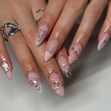 Yeknu  24Pcs Almond Press-On Nails in Pink Cat Eye with Heart & Strawberry Designs – Glossy Acrylic Stick-On Nails for Women & Girls